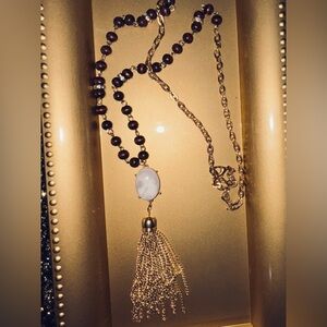 Wood beaded LONG GOLD NECKLACE W/TASSLE